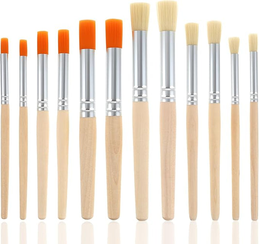 12 Pcs Wooden Stencil Brushes Set - 3 Sizes Natural Bristle Paint Brushes for Acrylic Paint, Round Pointed Template Brush for Acrylic Oil Watercolor Painting Stenciling, DIY Crafts and Art Projects
