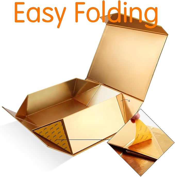 Large Gold Collapsible Gift Boxes with Magnetic Closure Lids 13.5x9x4.1 Inches, Bridesmaid Proposal Boxes for Presents (Glossy Gold, 6 Pack)