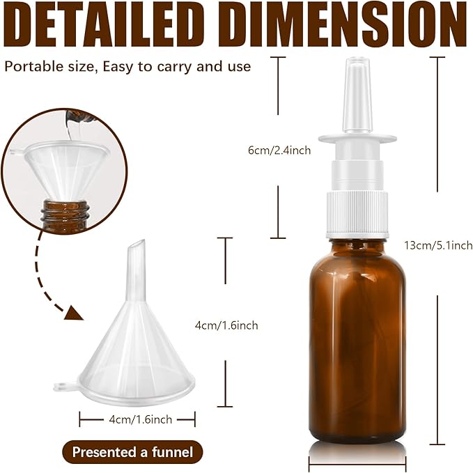 Cupohus Nasal Spray Bottle, 3 Pcs 30ML/1oz Amber Glass Refillable Fine Mist Sprayers Atomizers, Travel Sized, Empty Nasal Sprayer with Funnels and Labels