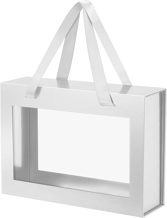 Silver Gift Box with Window, Clear Magnetic Gift Box for Present, Bridesmaid Proposal Box (11x8x3.2 Inches)