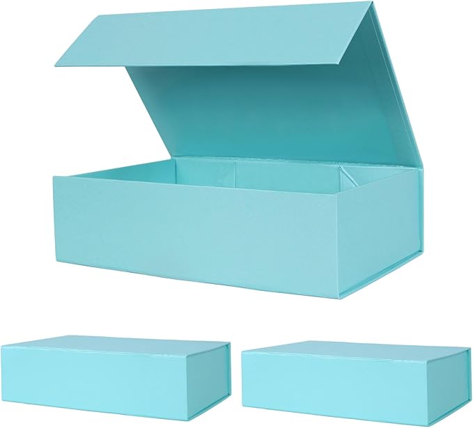 Aimyoo Blue Collapsible Gift Box with Magnetic Closure Lids 10.5x7x3 in, Bridesmaid Groomsmen Proposal Box, Medium Rectangle Box for Present Graduation Storage 3 Pack