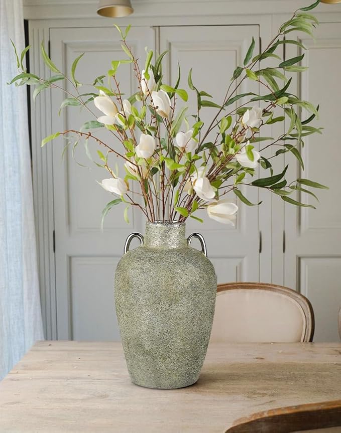 Large Ceramic Vase, 11.2" Tall Rustic Farmhouse Vase, Vintage Flower Vase with 2 Ears, Electroplated Terracotta Floral Vases for Home, Living Room, Shelf, Mantel, Entryway, Wedding, Table Centerpiece