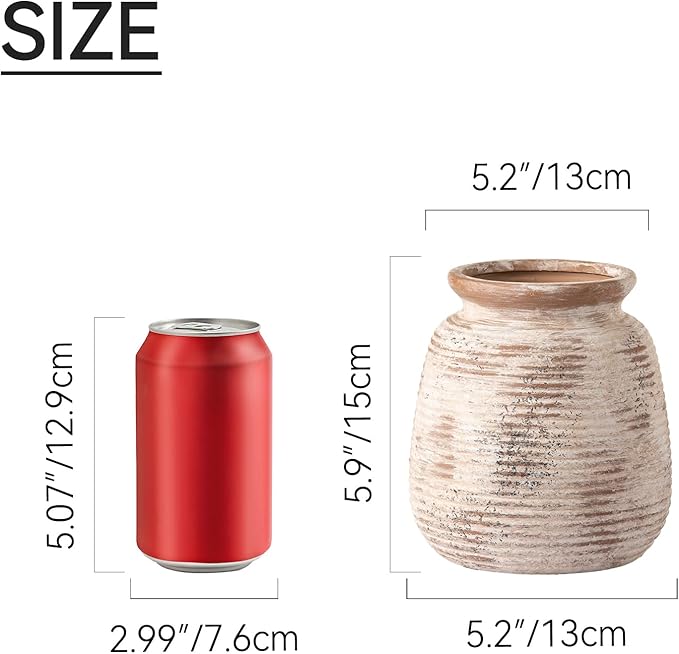 Ceramic Small Flower Vase, 6“ Rustic Farmhouse Vases Home Decor, Short Pottery Decorative Pampas Vase for Table Living Room Entryway Mantel Bookshelf Bedroom Bathroom Kitchen-Rustic