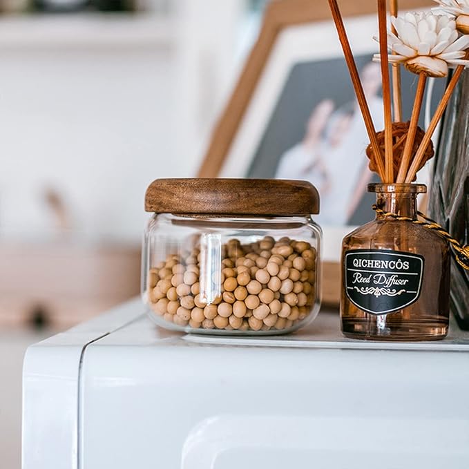 Glass Food Storage Containers With Wooden Lids - Small Coffee Jars - Pantry Organization For Overnight Oats, Cereal, Rice, Candy (14oz(400ml))