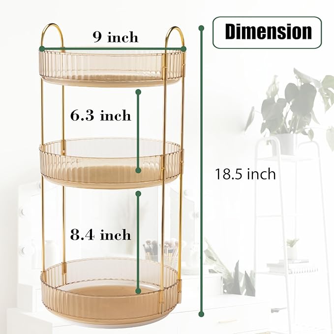 Rotating Makeup Organizer Countertop 3 Tier Lazy Susan Trays Clear Skincare Perfume Storage for Bathroom Counter Vanity, Amber Gold