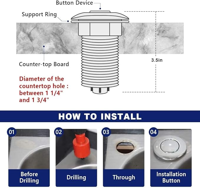CLEESINK Garbage Disposal Switch, Cordless Air On Off Kit for Food Waste Disposer, Polished Gold, LONG 3.5" Sink Top Push Button