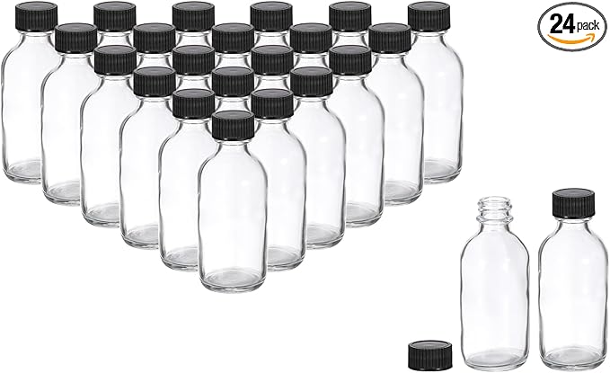 PATIKIL 2oz(60ml) Glass Sample Bottles, 24Pcs Round Bottle Dispensing Bottles with Black Poly Cone Cap for Reagent Liquids, Juice, Perfume Hot Sauce Ginger Shots, Transparent