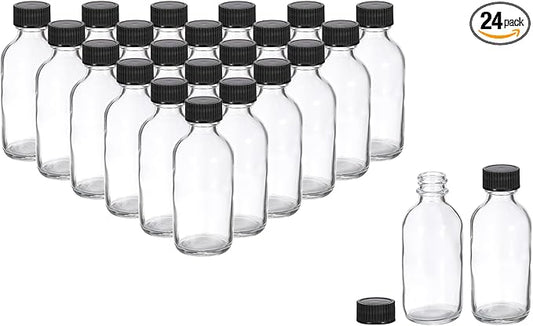PATIKIL 2oz(60ml) Glass Sample Bottles, 24Pcs Round Bottle Dispensing Bottles with Black Poly Cone Cap for Reagent Liquids, Juice, Perfume Hot Sauce Ginger Shots, Transparent