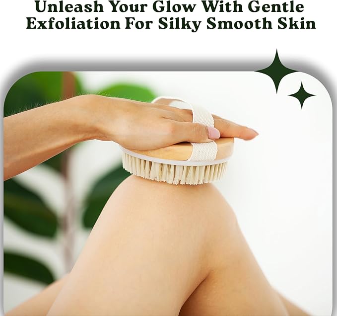 Large Dry Brushing Body Brush - Natural Boar Bristle Brush for Lymphatic Drainage, Cellulite, Blood Circulation - Skin Massage Nodes for Detox, Flawless Skin, Exfoliating Body Scrubber