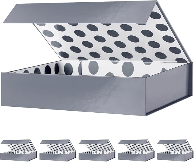 GREEN BEAN 6 Gift Boxes 11x7.8x2.3 Inches, Grey Gift Boxes with Lids for Presents, Magnetic Shirt Gifts Boxes for Clothes (Glossy Metallic Grey, Polka Dot Design Inside)