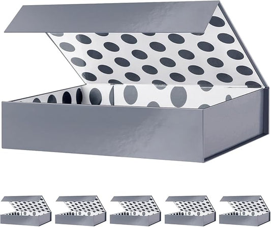 GREEN BEAN 6 Gift Boxes 11x7.8x2.3 Inches, Grey Gift Boxes with Lids for Presents, Magnetic Shirt Gifts Boxes for Clothes (Glossy Metallic Grey, Polka Dot Design Inside)