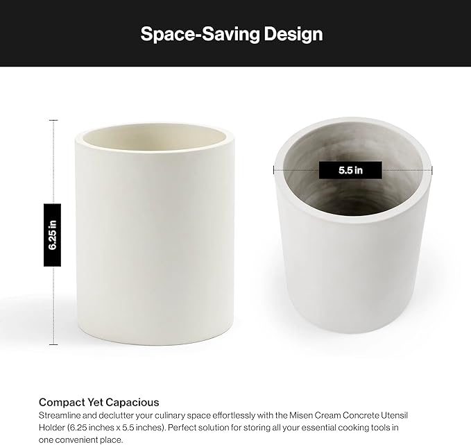 Misen Cream Concrete Utensil Holder - Kitchen Tool Organizer, Large Utensil Container for Countertop, Stainless Steel Holder - Compatible Prep Tool Sets 5 and 10 Piece - 6.25in x 5.5in