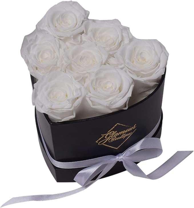 GLAMOUR BOUTIQUE 7 Flower Forever Heart Shape Box - Preserved Roses Gift for Her, Preserved Flowers, White