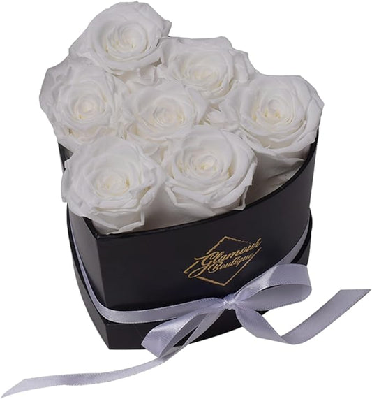 GLAMOUR BOUTIQUE 7 Flower Forever Heart Shape Box - Preserved Roses Gift for Her, Preserved Flowers, White