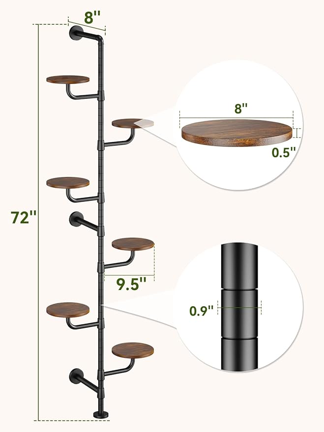 Plant Stand Indoor, 6-Tier Plant Shelf, Tall Wall Mounted Metal Pole & Rotating Wooden Board Plant Holder for French Window, Corner, Home Decor - C5