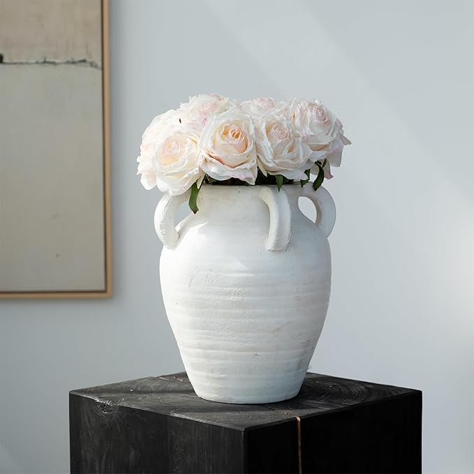 Rustic White Ceramic Vase, Wide Mouth Terracotta, Antique Decorative Flower Vase with 4 Handles, 9.7 in