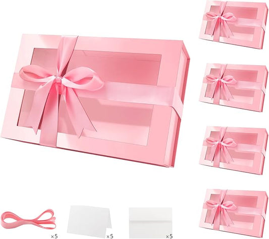 PACKQUEEN 5 Large Pink Gift Boxes with Windows, 13.5x9x4.1 Inches Easter Gift Boxes for Presents Contain Ribbons, Cards, Bridesmaid Proposal Boxes, Mothers Day Boxes with Magnetic Lids (Glossy Pink)