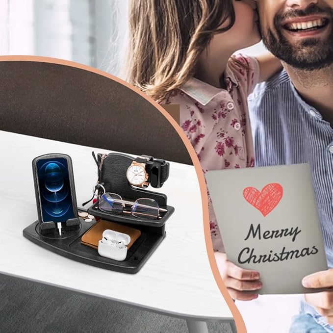Gifts for Men, Fathers Day Wood Phone Docking Station for Dad, Desk or Nightstand Organizer, Mens Gifts for Husband, Birthday Gifts for Men,Gifts for Fathers Day, Key Holder Wallet, Watch & Essentials