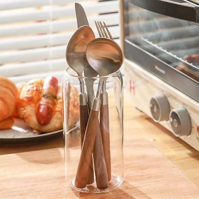 Wood Silverware Set for 16 Wooden Flatware Cutlery Utensils Set 18/10 Stainless Steel Walnut Handle 64 Piece Include Knives Forks and Spoons Tableware Set for Home Kitchen Wedding Restaurant