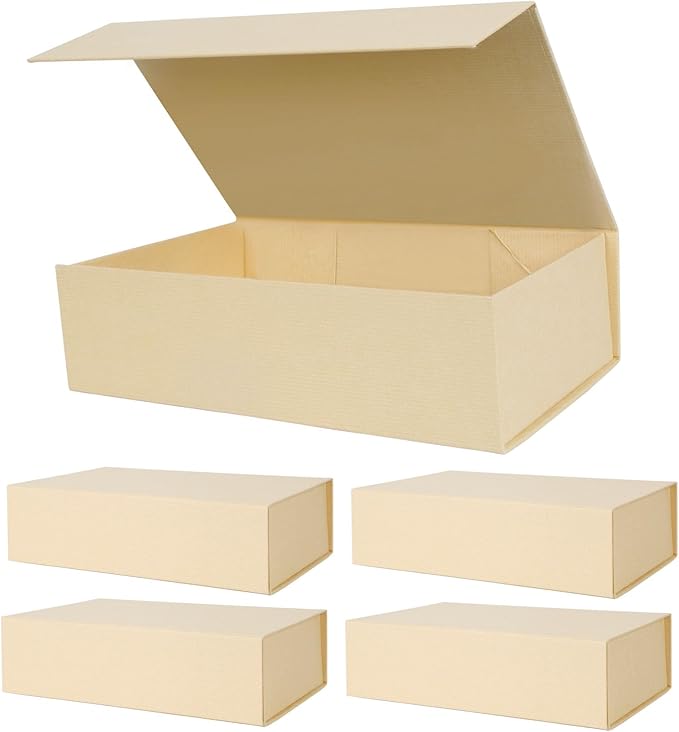 Aimyoo Striped Brown Magnetic Gift Boxes with Lids 10.5x7x3 in, Medium Bridesmaid Groomsman Proposal Box, Rectangle Collapsible Box for Present Graduation Birthday Storage 5 Pack