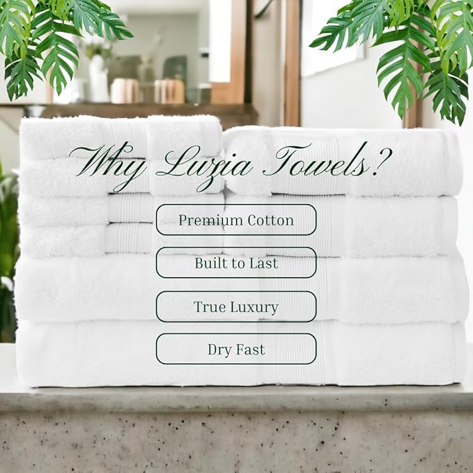Luzia 8 Piece Bathroom Towel Set - 100% Turkish Cotton, Premium Quality - 2 Bath Towels 2 Hand Towels and 4 Washcloths (White)