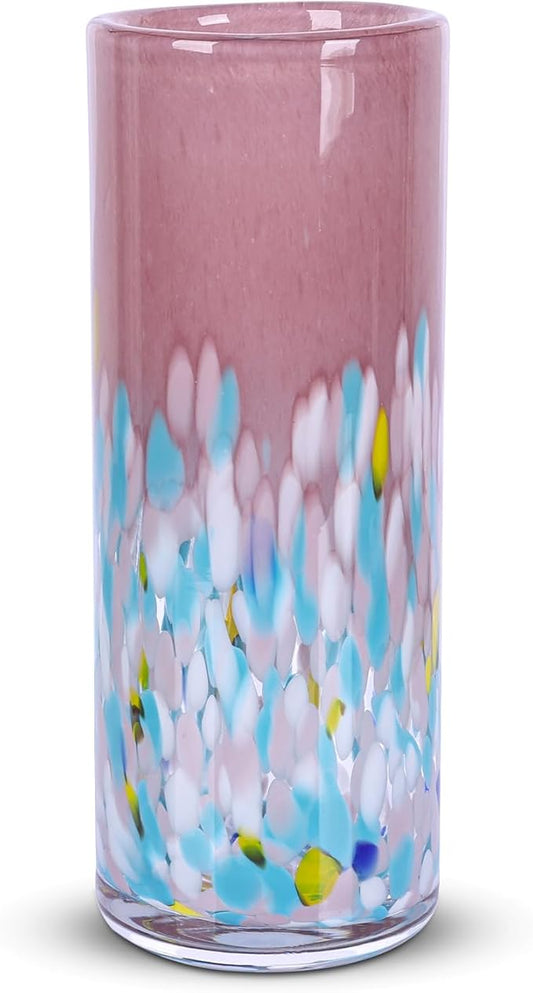 9.45" Tall Pink Vase Hand Blown Glass Vase Green, Modern Pink Home Centerpieces Wide Mouth Vases for Bud&Flower Decor - Ideal Living Room, Kitchen, Wedding, Dining Table, Office Center Table