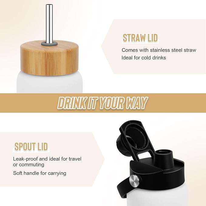 25 oz Glass Water Bottles - Motivational Tumbler Water Bottle Time Marker - Borosilicate Glass Water Bottle With Silicone Sleeve and 2 Lids, Handle Spout & Bamboo Straw Lid (White)