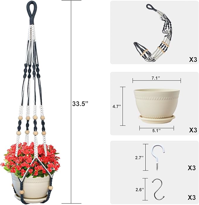 Macrame Plant Hanger with Pot, 3 Set Hanging Planters for Indoor Plants, Handmade Cotton Rope Boho Home Decor, Idea Gift for Anyone, Includes Plant Holders, Pots, Plates and Hooks (Mixed Color-3)