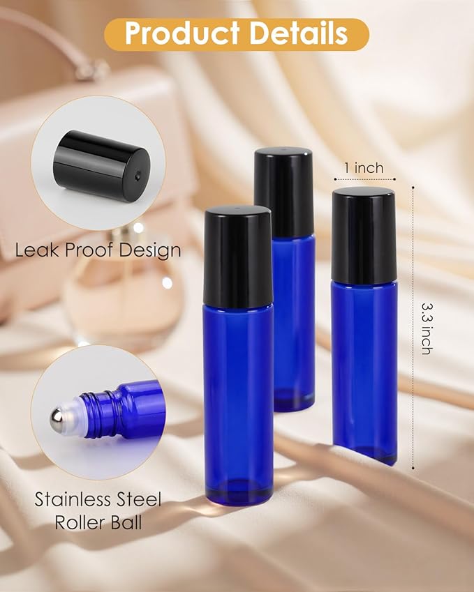 12 Pack Essential Oil Roller Bottles, 10ml Refillable Glass Roller Bottles with Stainless Steel Roller Balls and Caps for Travel, Perfume and Lip Gloss Blue