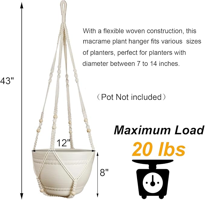 43 Inches Macrame Plant Hanger Large for 12 inch Pot Extra Long No Tassel Cotton Rope Hanging Plant Holder with Ceiling Hook Bohemian Home Decor
