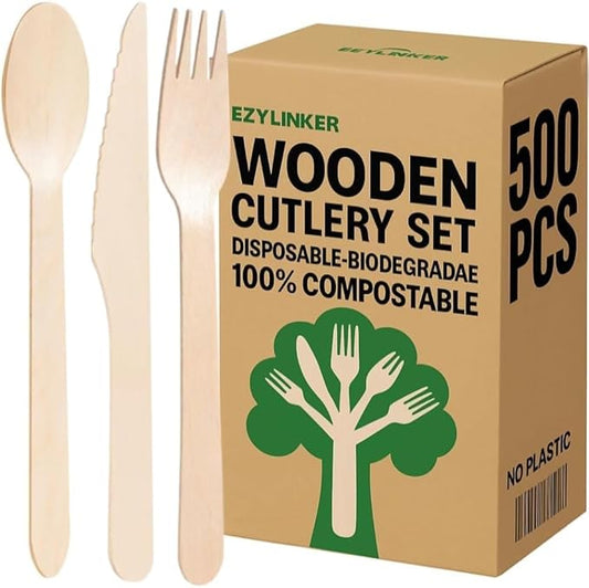 500 Pieces Disposable Cutlery, Wooden Utensils Set [200 Spoons, 200 Forks, 100 Knives] - Disposable Wooden Cutlery, Eco-Friendly Forks and Spoons, Compostable Cutlery Set Party Utensils