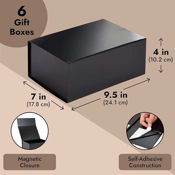 Stockroom Plus Magnetic Gift Boxes with Lids - 9.5 x 7 x 4 In, Gloss Black, Pack of 6 - Secure Magnetic Closure - Jewelry Gift Box Set for Birthday & Wedding Presents, Bridesmaid & Groomsmen Proposals