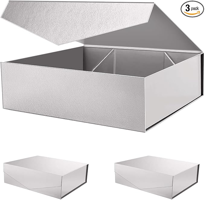 PACKHOME 17x14.5x5.5 Inches, 3 Extra Large Gift Boxes with Lids, Magnetic Closure Boxes for Clothes and Large Gifts (Glossy Silver with Grass Texture)
