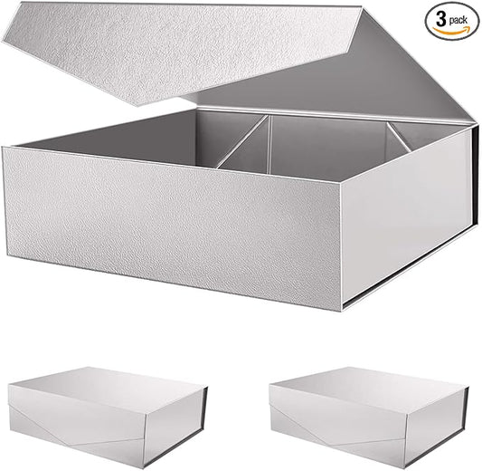 PACKHOME 17x14.5x5.5 Inches, 3 Extra Large Gift Boxes with Lids, Magnetic Closure Boxes for Clothes and Large Gifts (Glossy Silver with Grass Texture)