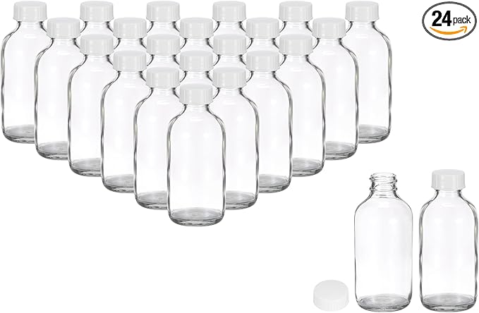 PATIKIL 4oz(120ml) Glass Sample Bottles, 24Pcs Round Bottle Dispensing Bottles with White Poly Cone Cap for Reagent Liquids, Juice, Perfume Hot Sauce Ginger Shots, Transparent