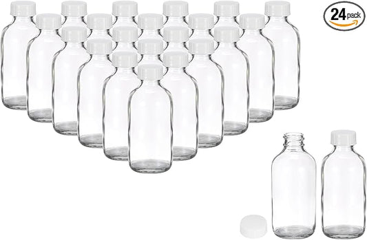 PATIKIL 4oz(120ml) Glass Sample Bottles, 24Pcs Round Bottle Dispensing Bottles with White Poly Cone Cap for Reagent Liquids, Juice, Perfume Hot Sauce Ginger Shots, Transparent