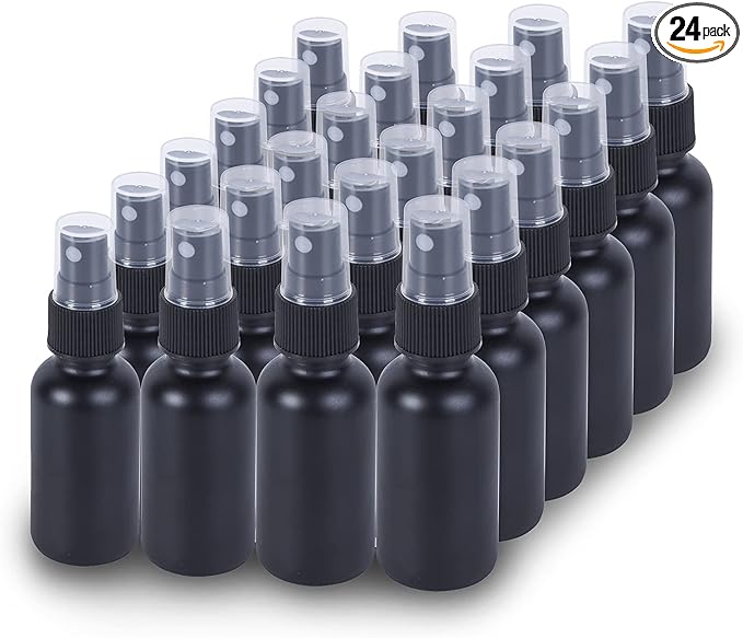 2oz Glass Spray Bottle, Fine Mist Boston Glass Bottles with Black Fine Mist Sprayer Small Clear Bottles for Essential Oils, Bath, Beauty, Hair & Cleaning, Black, Pack of 24