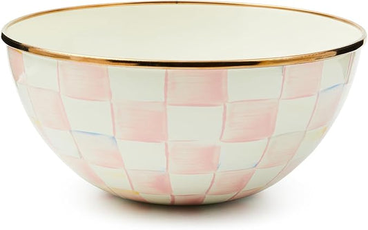 MACKENZIE-CHILDS Enamel Everyday Bowl, Serving Bowl for Entertaining, Small, Pink-and-White Rosy Check, Set of 1