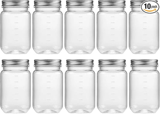 novelinks 16 oz Clear Plastic Jars with Screw-On Lids - BPA-Free Refillable Storage Containers for Slime, Food, Crafts, Kitchen & Household Use (10 Pack,Silver)