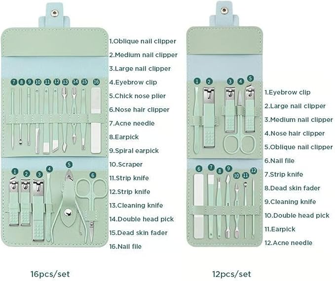 Portable Nail Clipper Set 12/16PCS, Nail Clippers and Beauty Tool Portable Set Manicure Set 12 in 1, Set Nail Clippers Professional Personal Care Tool Kit, Professional Manicure (12pcGreen)