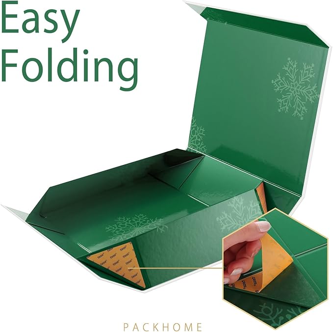 PACKHOME 6 Christmas Gift Boxes 13x9.7x3.4 Inches, Large Gift Boxes with Lids, Sturdy Shirt Boxes with Magnetic Lids for Wrapping Gifts (Green Snowflake Pattern)