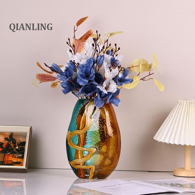 9" Tall Handcrafted Glass Vase with Amber and Turquoise Colors - Artistic Decorative Flower Vase for Home Decor, Modern Art Piece for Living Room, Dining Table, Kitchen, Office, Desk, Bedroom Decor