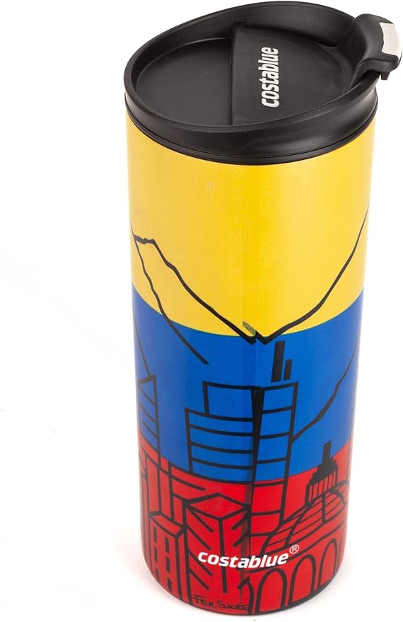 Venezuela Vacuum Insulated Stainless Steel Thermal Travel Mug, 16 oz, Easy Clean, Flip leak Proof Lid Venezuelan Flag with Icons from Caracas