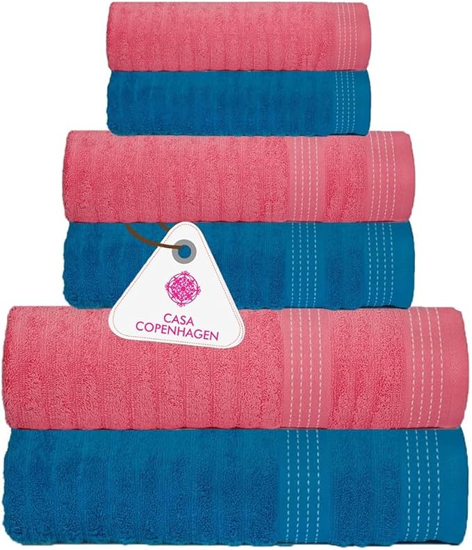 CASA COPENHAGEN Elegance 6 Pieces Ribbed Towels Set, Teal + Pink, 550 GSM, 2 Bath Towel 2 Hand Towel 2 Washcloths, Super Soft Egyptian Cotton for Bathroom, Kitchen & Shower