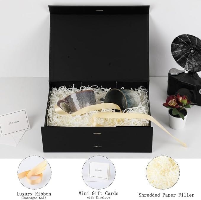 BoxSkivra Large Gift Boxes with Lids 5 Pack 13X9X4 Inch Large Black Gift Box with Ribbon Foldable Gift Boxes for Presents、Father's Day 、Groomsman Proposal Box、Shredded Paper Filler & Cards