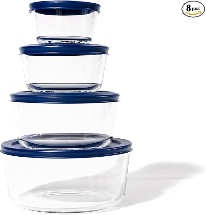 DURA LIVING 8-Piece Glass Food Storage Containers Set (4 Containers + 4 Lids) | Round, Nesting, Microwave & Dishwasher Safe | BPA-Free, Space-Saving | Blue Lids for Pantry & Kitchen Organization