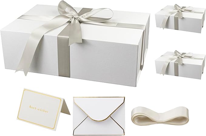 YINUOYOUJIA 3 Pack Large White Gift Boxes with Lid,14"x9"x4.5" Magnetic Gift Box with Ribbon,Cards and Envelopes for Presents,Great for Wedding,Birthdays,Crafting,Gift Packaging.