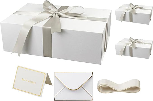 YINUOYOUJIA 3 Pack Large White Gift Boxes with Lid,14"x9"x4.5" Magnetic Gift Box with Ribbon,Cards and Envelopes for Presents,Great for Wedding,Birthdays,Crafting,Gift Packaging.