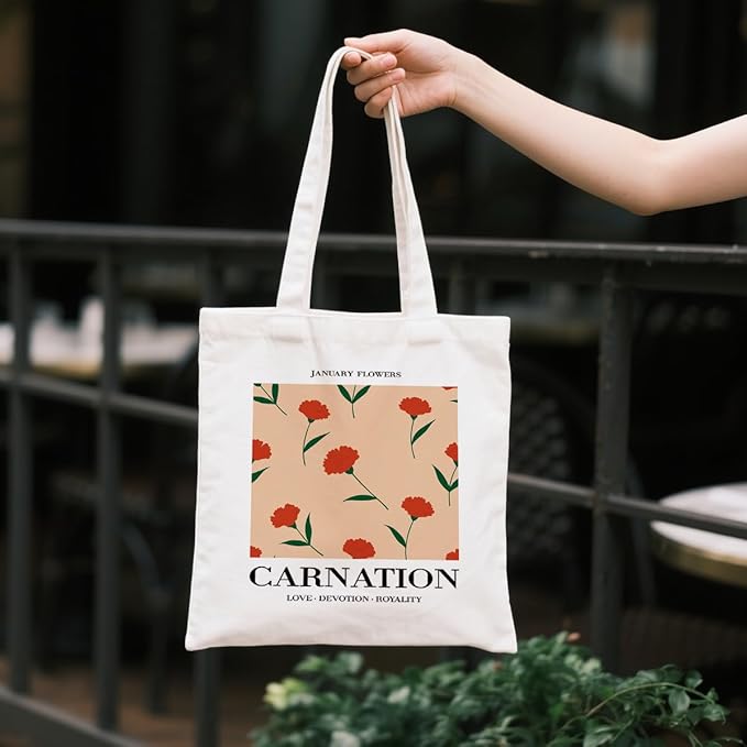 Flower Canvas Tote Bag, Carnation Printing Reusable Shoulder Bags, Gifts to Friends and Family, Holiday Gift Bags for Wrap Storage, Casual Canvas Totes for Work Traveling