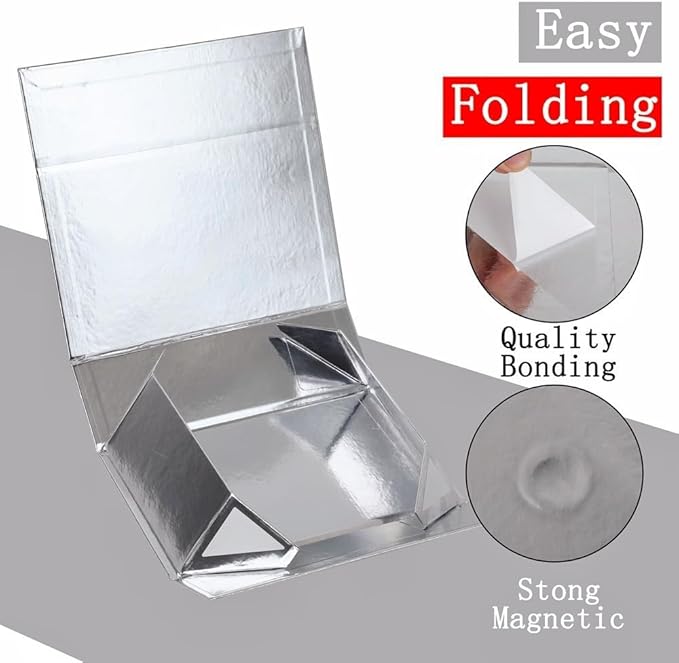 UoeRing 6 Pack Silver Gift Box 9.5x6x3 inch Small Luxury Gift Box for Presents with Magnetic Lid Collapsible,Bridesmaid Proposal,Contains Card, Ribbon, Tissue Paper,Shredded Paper Fille